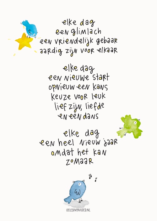 Kerstkaart met gedichtje geschreven door Oeles Overvloed over een glimlach en een aardig gebaar vriendelijk zijn voor elkaar, waar je elke dag opnieuw voor kunt kiezen